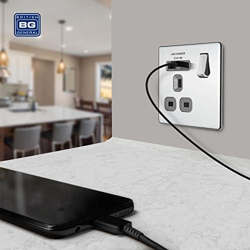 BG Electrical fpc21u2g Screwless Flat Plate Single Switched Fast Charging Power Socket with Two USB Charging Ports, 13 A, Polished Chrome with Grey Inserts