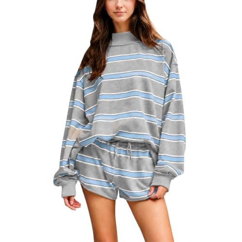 Sweat Suits for Womens 2 Piece Striped Pajamas Mockneck Sweatshirt Shorts - image 1