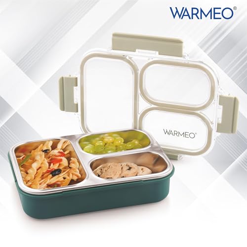 Image of WARMEO BENTO Microwave-Safe Stainless Steel Lunchbox with 3 compartments,bpa Free,Perfect for Office, School, Travelling, 750ml-Green