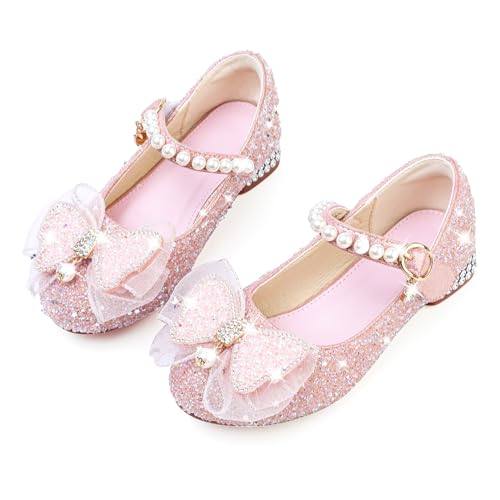 Image of LECYGNB Mary Jane Princess Shoes Girls Low Heels Toddler Sequin Party Wedding Birthday Prom Cosplay Dance Shoes Pink UK 9