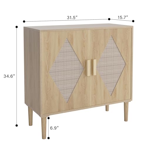 Cómoda de madera estilo bohemio artesanal con detalles de ratán 4