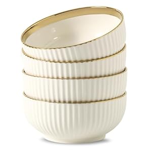 LETAOTAO Cereal Bowl Set of 4, Ceramic Cereal Bowls for Kitchen, 6 Inch Deep Soup Bowls Set, White Bowl Set with Gold Trim, Serving Bowls Set for Salad, Pasta, Oatmeal,Fruits, Decorative Bowls(28oz)