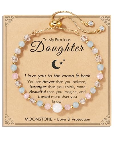 Image of HGDEER Love You to the Moon and Back, Moonstone Bracelet Gift for Her | Moonstone Rose Quartz Aquamarine & Clear Quartz, Adjustable 10.2 in, Quote Card & Velvet Pouch for Daughter Niece