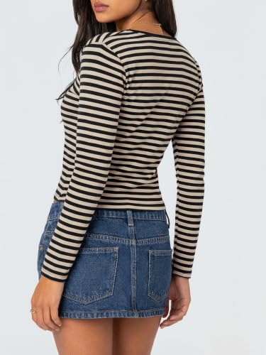 Image of Women Off Shoulder Striped Long Sleeve Top 2026 Fall Going Out Tee Shirts