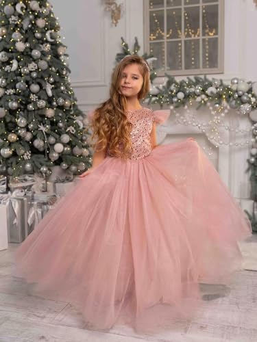 Pearl Sequin Flower Girl Dress for Wedding Kids Tulle Long Pageant Birthday Dress Bowknot Princess Prom Ball Gowns3