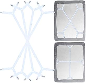 Bed Sheet Fasteners Straps - 2 Way Adjustable Crisscross Sheet Corner Holder Straps Clips Gripper Elastic Sheet Band Suspenders Fasteners(2 Set/4Pcs, White)