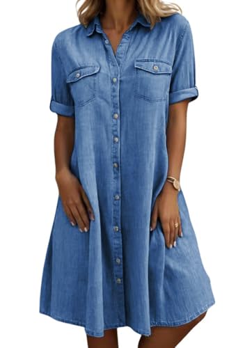 Image of chouyatou Women's Summer Short Sleeve Denim Shirt Dress Business Casual Button Down Midi Long Jean Dress