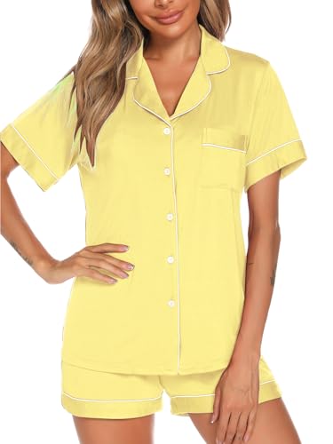 Image of Aamikast Button Up Pajama Set for Women Shorts Short Sleeve Knit Sleepwear 2 Pice Pjs Sets