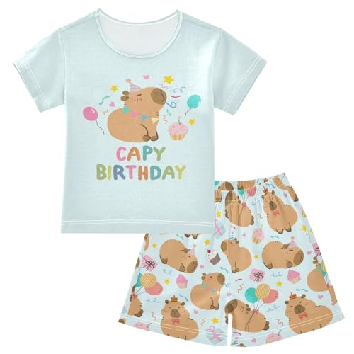 Birthday Party Cute Capybara Blue Summer Cute Pajama Sets, Short Sets for Daily Wears and Sleep Wears