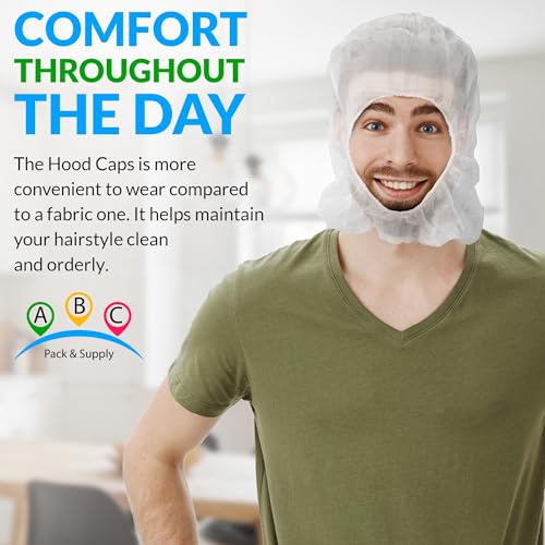 ABC Disposable Hood Caps, One Size. Pack of 100 White Polypropylene Disposable Bouffant Hoods. Breathable Disposable Hoods. Protective Caps Hoods Hairnets. Full Face Hair Net for Food Service