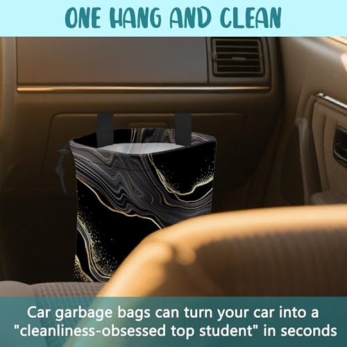 Image of Car Garbage Bag Abstract Marble Golden Veins Drawstring Car Trash Bag Hanging for Back Seat with Adjustable Buckle Canvas Vehicle Trash Can Easy-to-Install