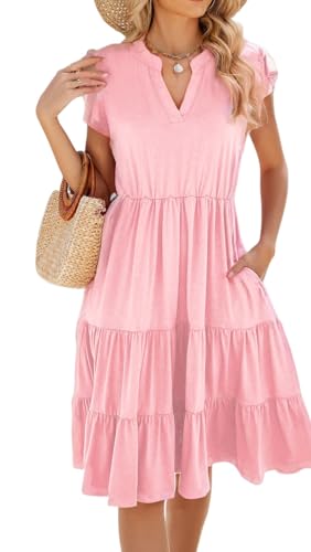 Image of Womens Summer Dress Ruffle Sleeve V Neck Midi Dresses Casual Fit Flowy Tiered Boho Beach Vacation Sundress