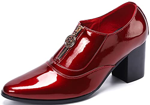 Santimon Mens Red Patent Leather Block Heel Dress Shoes – Pointed-Toe Slip-On with Gold Zipper Accent, Shiny Party Wedding Formal Footwear