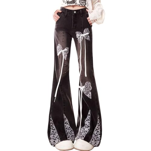 Gothic High Waisted Jeans for Women Y2K Cute Bow Tie Lace Printed Drawstring Bell Bottom Denim Pants
