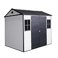 8 x 6ft Resin Outdoor Storage Shed Waterproof Shed with Floor & Two Windows & Lockable Door, Tool Shed for Garden, Patio, Backyard (Grey White)