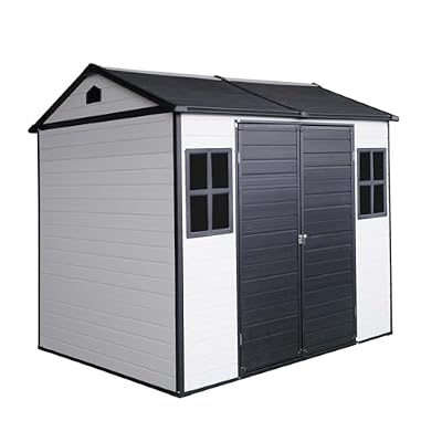 8 x 6ft Resin Outdoor Storage Shed Waterproof Shed with Floor & Two Windows & Lockable Door, Tool Shed for Garden, Patio, Backyard (Grey White)