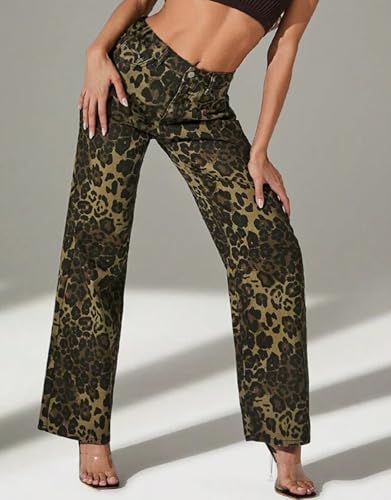 Kedera Women's Leopard Printed Wide Leg Jeans Baggy Straight Jeans Casual Boyfriend Mid Rise Ankle Denim Pants3