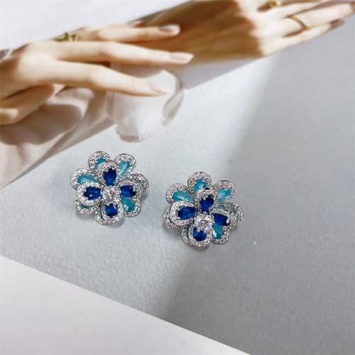 Luxury Blue CZ Flower Stud Earrings for Women Sensitive Ear 925 Sterling Silver Post Colorful Cubic Zirconia Camellia Birthstone Studs Hypoallergenic Fashion Jewelry Valentine's Day Gift Her2