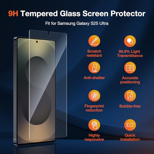 Image of KUZOOM Screen Protector for Samsung Galaxy S25 Ultra, 2 Pack | HD High Definition Clarity, 9H+ Tempered Glass, 100% Fingerprint Unlock, Automatic Dust Removal, Anti-Scratch Protection