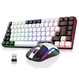 RedThunder K84 75% Wireless Gaming Keyboard and Mouse Rainbow Backlight UK Layout 85 Keys TKL Ultra Compact Mini Design Lightweight Honeycomb Gaming Mouse for PC Mac PS5 Office Gamers (White-Black)
