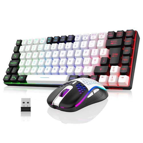 RedThunder K84 75% Wireless Gaming Keyboard and Mouse Rainbow Backlight UK Layout 85 Keys TKL Ultra Compact Mini Design Lightweight Honeycomb Gaming Mouse for PC Mac PS5 Office Gamers (White-Black)