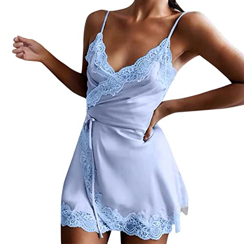 Generisch Elegante camisón de satén para mujer, ropa de dormir, ropa de dormir, ropa de estar cómoda, azul claro, S