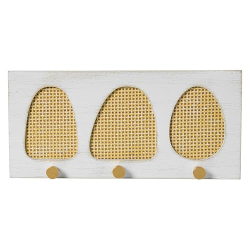 DRW Perchero de Pared Madera y Mimbre con 3 Ganchos Blanco y Natural 36x4x17 cm