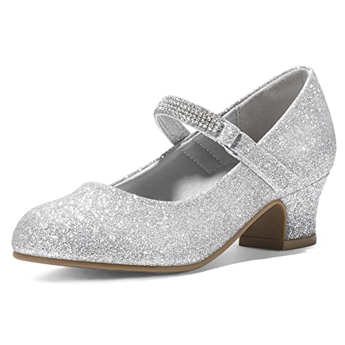 K Komforme Mary Jane Shoes With Low Heel Rhinestones Princess Flats Dress Pump Shoes For Little Kid/Big Kid Silver Glitter cover