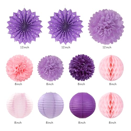 Image of Purple Lilac-Lavender Pink Women Birthday Party-Decorations - 21pcs Happy Banner,Paper Lanterns Honeycomb,Tissue Pom Poms Flower Fan,Classroom Hanging Streamers Garland,Girls Decor Supplies Huglony