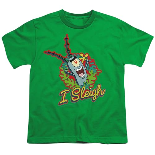 Popfunk Classic Spongebob Squarepants I Sleigh, Plankton Christmas Wreath Kids T-Shirt for Youth Toddler Boys and Girls