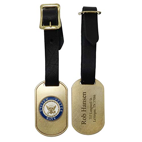 Indiana Metal Craft Navy Crest Solid Brass Personalized Luggage Tag with 1 inch Die Struck Enamel Emblem and Leather Strap