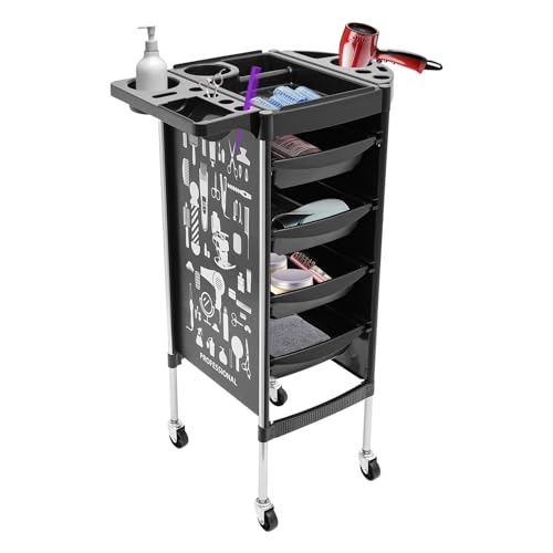 Carro de peluquería con cajones Extensibles, Carrito de salón de Belleza con Ruedas, para peluquerías, SPA, Salones de uñas (Negro, 4 cajones)