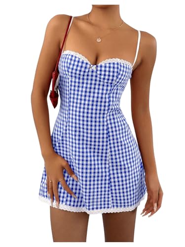 Image of MakeMeChic Women's Plaid Gingham Lace Cami Dress Sleeveless Going Out Mini Dresses Sundress