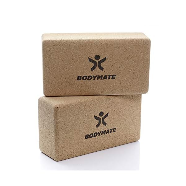 BODYMATE Cork Yoga Blocks, Set of 2, Natural, Non-slip, Lightweight, Support for Asanas, Meditation & Relaxation Exercises, 22 x 12 x 7.5cm