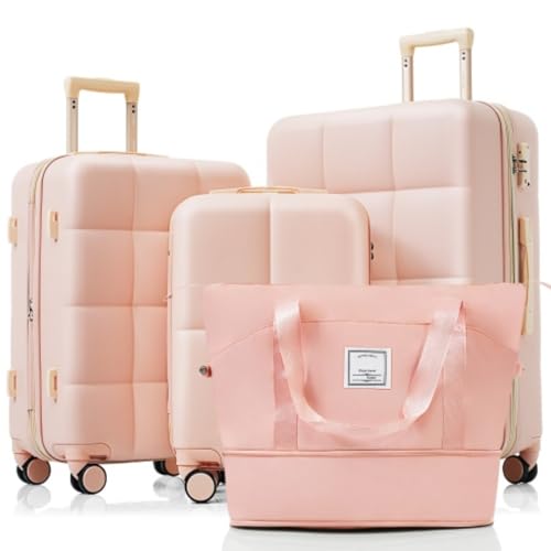 Luggage Set 4-piece, ABS Hard Shell Suitcase, 20-inch, with USB Port, Expandable ABS Durable Suitcase, with Travel Bag, Cup Holder, Side Hook, with Universal Wheels, Pink
