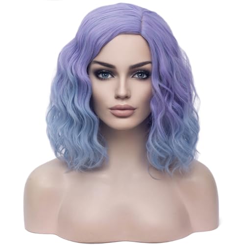 Image of BERON Purple and Blue Womens 14 inch Wigs Short Curly Wavy Wig Purple Ombre Blue Color Shoulder Length Synthetic Party Halloween Wigs Wig Cap Included