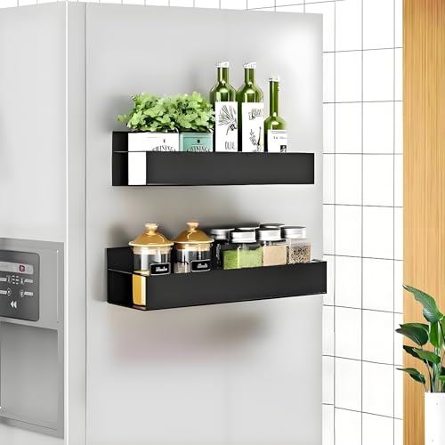 KedioPio Magnetic Spice Rack for Fridge, 2 Pack Strong Magnetic Shelves for Refrigerator, Metal Magnet Spice Rack Seasoning Jar Shelf with 4 Hooks for Kitchen Storage and Organisation, Black
