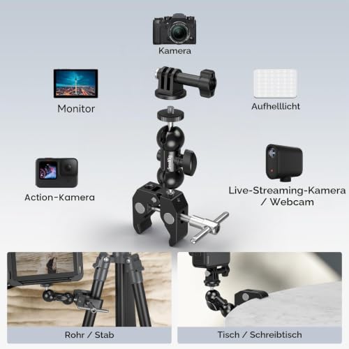 SMALLRIG Upgrade Camera Mount Clamp, mini Magic Arm mit Super Clamp, Super Klammer with Non-Slip Threads, Tragfähigkeit 1,5kg für Gopro… – Ansicht 4