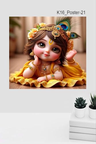 Image of Akki Wold Yellow Baby Krishna On Farsh With 2-Feather Wall Poster For Living Room, Office, Pooja Room (Size - 41CM X 41CM)