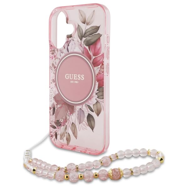 Coque iPhone 16 Guess fleur rose avec cordon perle protection antichoc IML