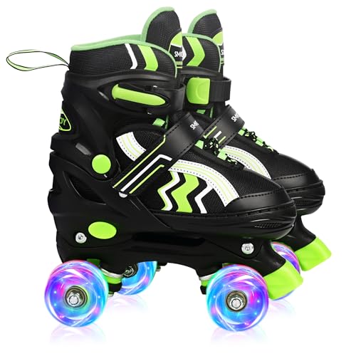 SMOOJOY Patines de ruedas para niños y niñas, patines verdes ajustables con todas las ruedas iluminadas de 8 a 12 años, para principiantes en deportes al aire libre e interiores.