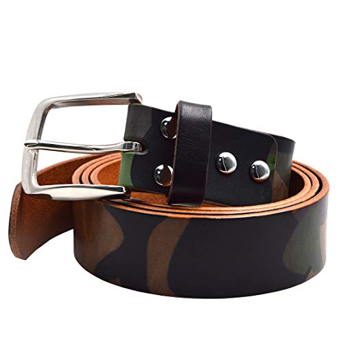 Okones Linear Perforated Camo Leather Belt,Stainless Steel&Brass Buckle(D,Double Leather) #TOP1