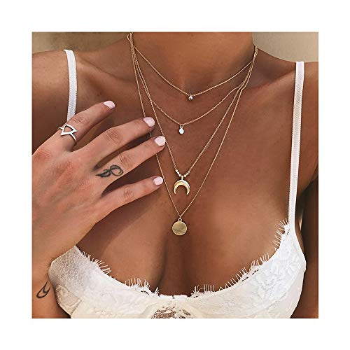 Preisvergleich Produktbild Kercisbeauty Boho Gold Halskette für Frauen Pailletten Mond Anhänger Mehrschichtige Halskette für Frauen und Mädchen Party Schmuck