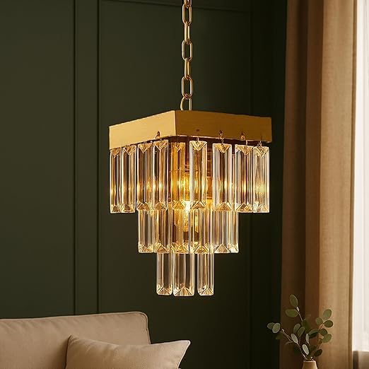 Image of Square Shaped 9 Inches Modern Crystal Chandelier, Jhumar for Home Decoration, Chandelier for Hall /Balcony /Living Room /Bedroom, Ceiling Hanging Lights, Golden (Bulb Included)