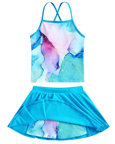 Image of Girls Tankini Swimsuit Mermaid Bathing Suits Criss-Cross Strap Adjustable Summer Beach Two Piece Swimwear Size 4-12
