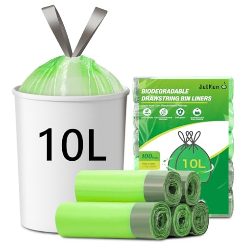JelKen 100 Biodegradable Bin Liners 10L with Drawstring Tie Handle Food Waste Bags Strong Trash Bags (45 x 50cm)