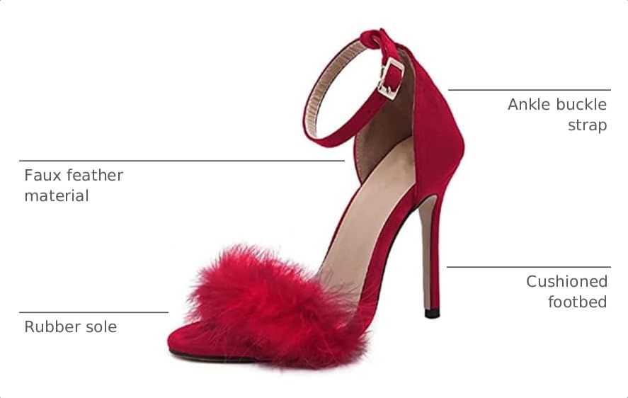Image of MMJULY Women's Open Toe Ankle Strap Fluffy Feather Stiletto High Heel Dress Sandal