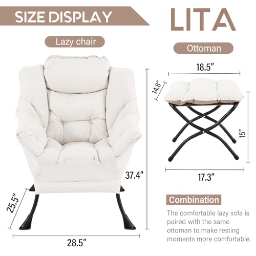 Image of LITA Lazy Chair with Ottoman, Modern Accent Leisure Upholstered Sofa, Contemporary Lounge Reading Chair with Armrests and a Side Pocket for Living Room, Bedroom & Small Space, Beige