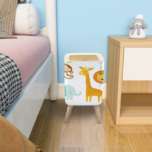 Image of Trash Can with Lid A Set Cute Jungle Animals Elephant Lion Giraffe Monkey Garbage Can Rectangular Waste Bin Press Cover Dog Proof Wastebasket for Kitchen Bathroom Living Room Nursery