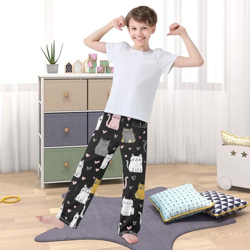 Cartoon Cat Love Heart Print Boys Long Pants Soft Trousers Elastic Waist Kids Lounge Bottoms with Pockets S-XL 5